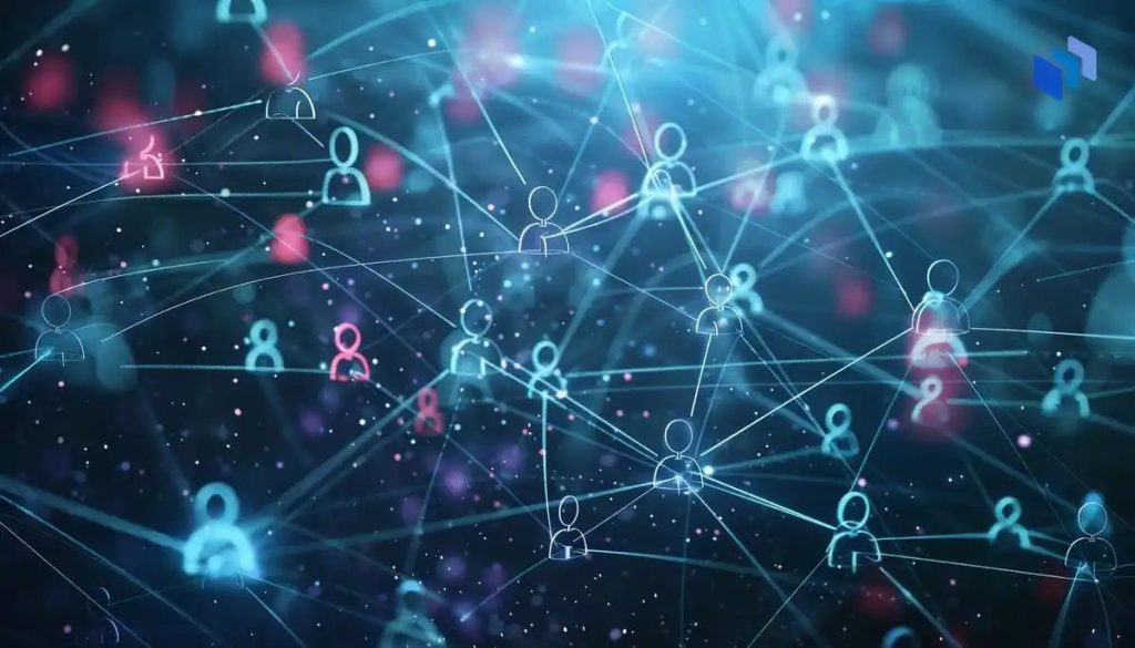Illustration av nätverk för människor som representerar decentraliserade sociala medier, anslutna genom linjer och ikoner mot en digital bakgrund.
