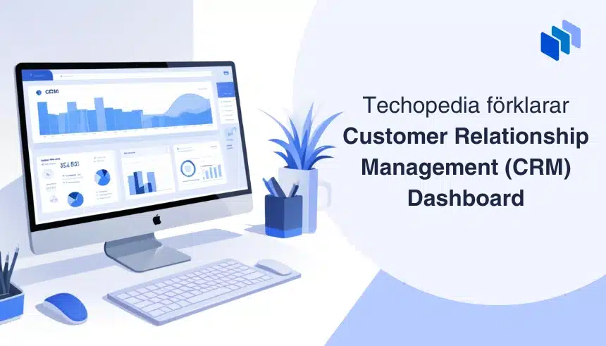Illustration av en CRM-dashboard på en datorskärm med grafer och diagram med text om Customer Relationship Management (CRM).