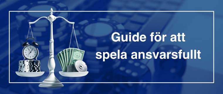 Våg med spelmarker en klocka och pengar mot en bakgrund av spelbord vid texten Guide för att spela ansvarsfullt.