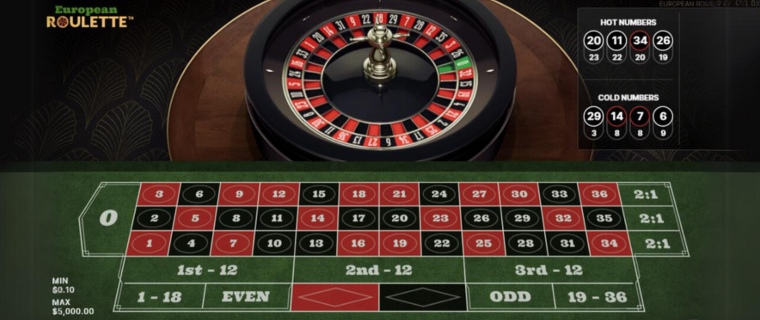 Europeisk roulette med roulettehjul, spelbord och information.