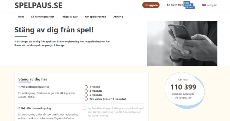 Skärmbild på svenska Spelpaus.