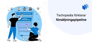 Illustration visar två personer som analyserar en försäljningspipeline på en interaktiv skärm.