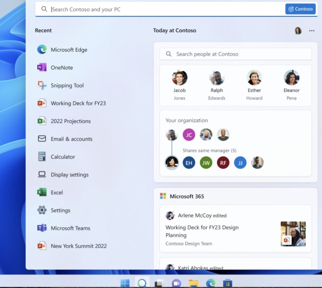Windows 11 Start-menyn och Teams visar aktuell aktivitet och kollegor.