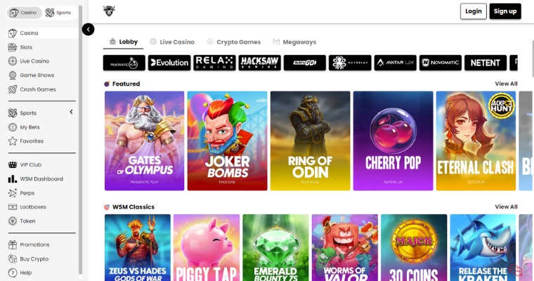 Skärmbild på WSM casino hemsida.