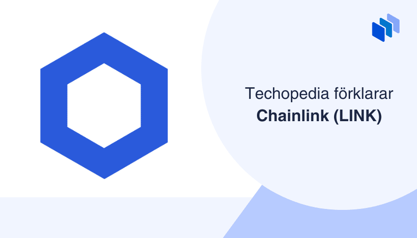 Chainlink-symbolen brevid texten Techopedia förklarar Chainlink (LINK).