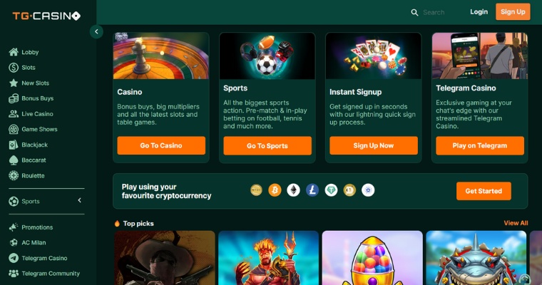 Skärmbild på startsidan till TG.Casino.