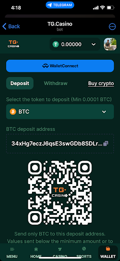 Insättning på TG.Casino genom Wallet Connect.