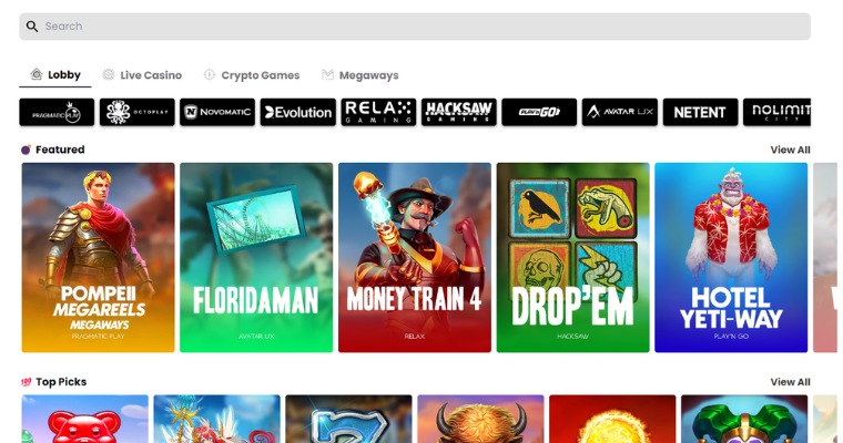 Spellobby på WSM Casino med utvalda casinospel och en sökfunktion.