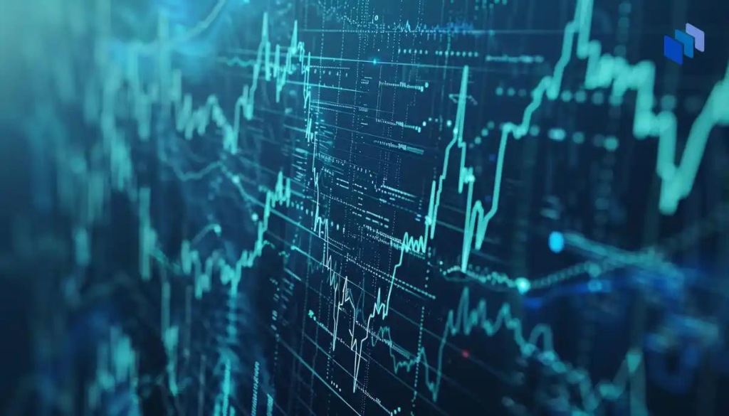 Grafisk bild som visar digitala diagram och dataflöden på en skärm, vilket representerar finansiell analys och kryptohandel.
