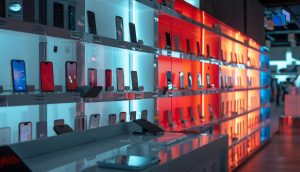 En vägg med olika mobiltelefoner på display i en butik, med blå och röd bakgrundsbelysning.