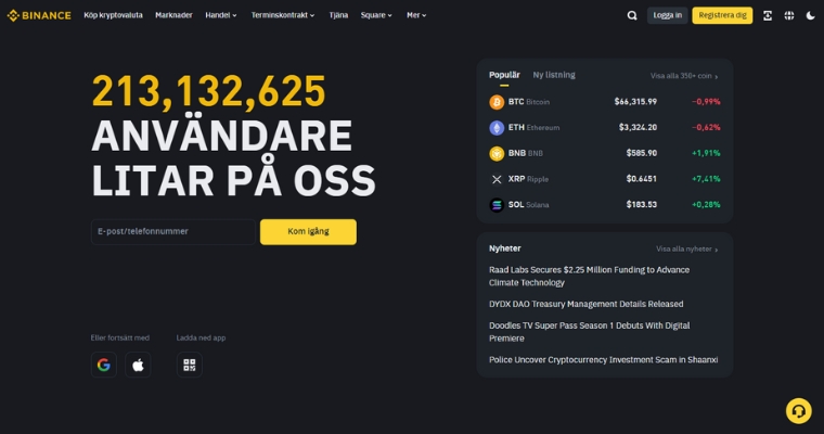 Skärmbild på Binance hemsida på svenska.