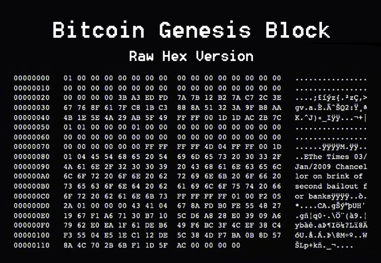 Bitcoin Genesis Block i hexadecimalt format med en inskription från tidningen The Times.