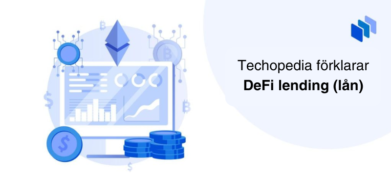 Illustration av Techopedia som förklarar DeFi lending, visar en datorskärm med kryptosymboler och staplar av mynt.