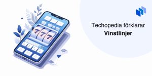 En mobiltelefon med en spelautomat på skärmen som visar en vinstlinje med texten Techopedia förklarar Vinstlinjer.