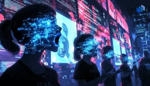 Bild som visar digitala ansikten med futuristiska mönster, symboliserar AI:s påverkan på yttrandefrihet och möjlig censur.