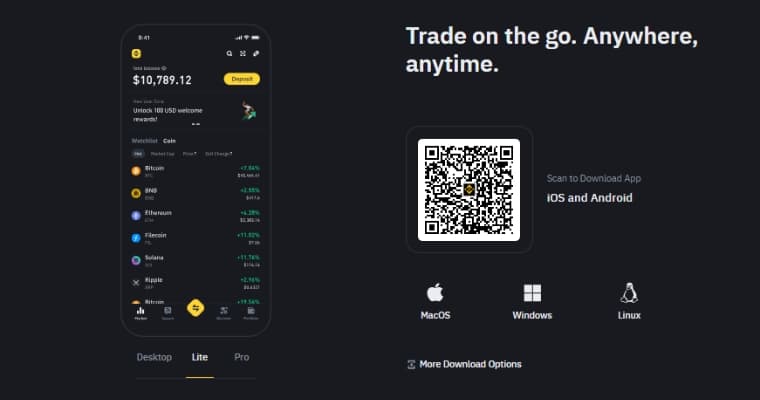 Binance börs på mobil app med nedladdnings QR-kod.