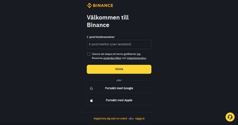 Skapa ett konto på Binance