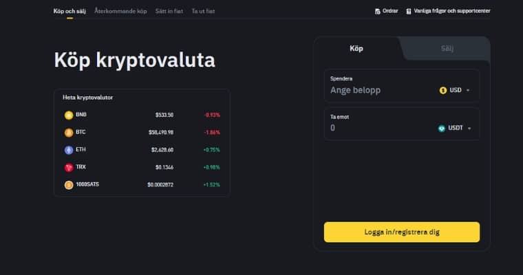 Sektion för att köpa kryptovaluta på Binance brevid populära alternativ.