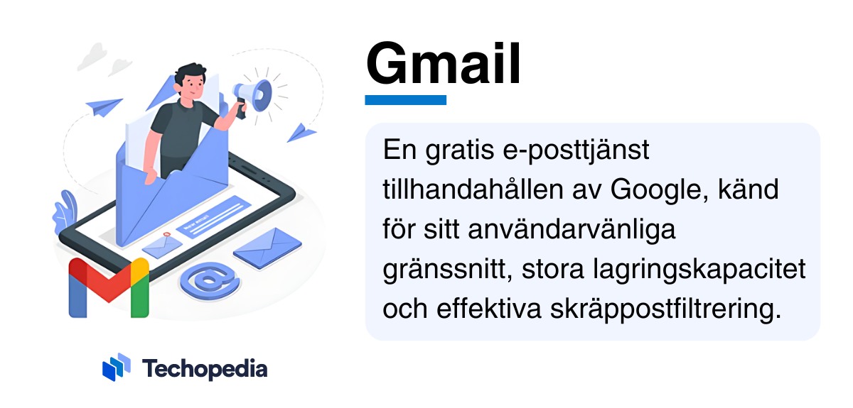 Illustration av en person i ett kuvert med Gmail-logotypen och en text som beskriver Gmail.