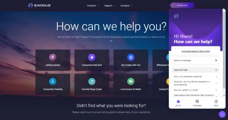 Exodus Wallets supportsida med olika alternativ för att få hjälp, inklusive vanliga frågor och live chat.