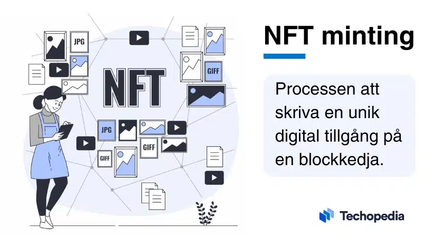 mer i denna stil: Person som använder en surfplatta brevid flerra NFT-tillgångar och förklaring av vad NFT minting är.