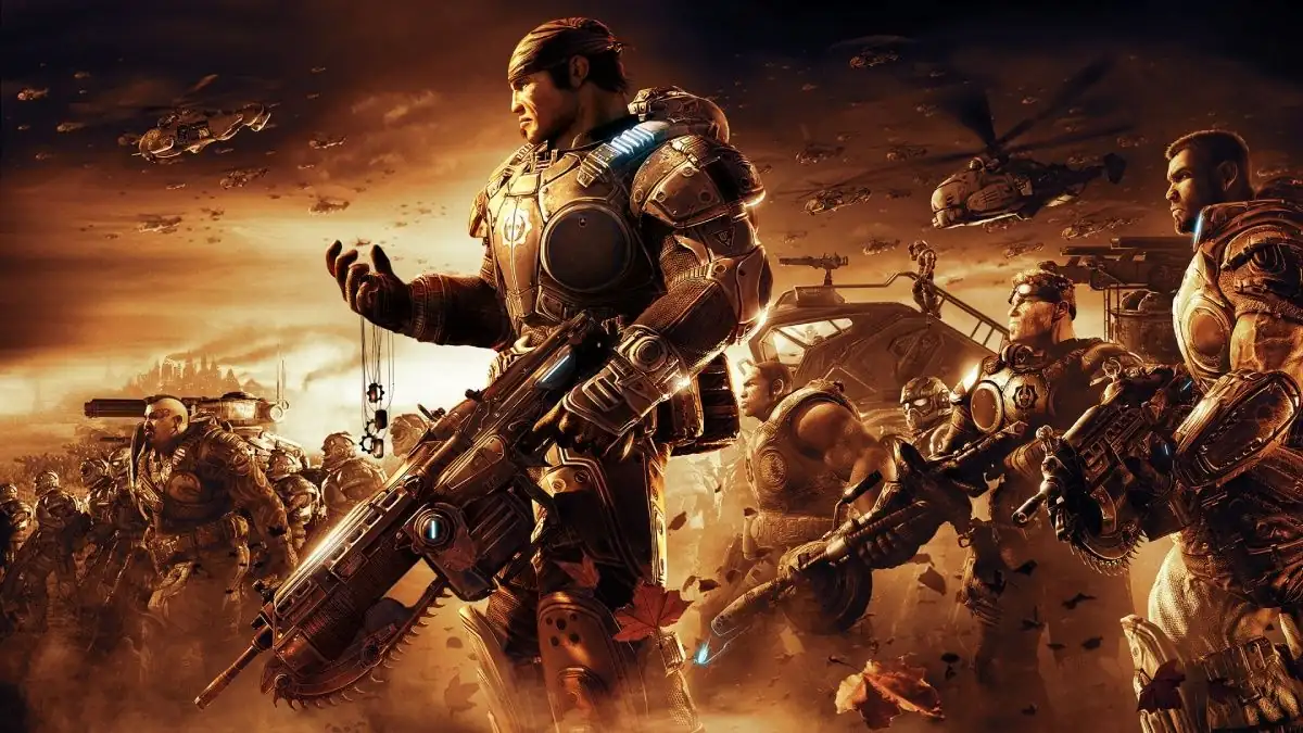 Soldater i rustning från spelet Gears of War 2 står redo för strid, omgivna av krigsfordon och flygande enheter.