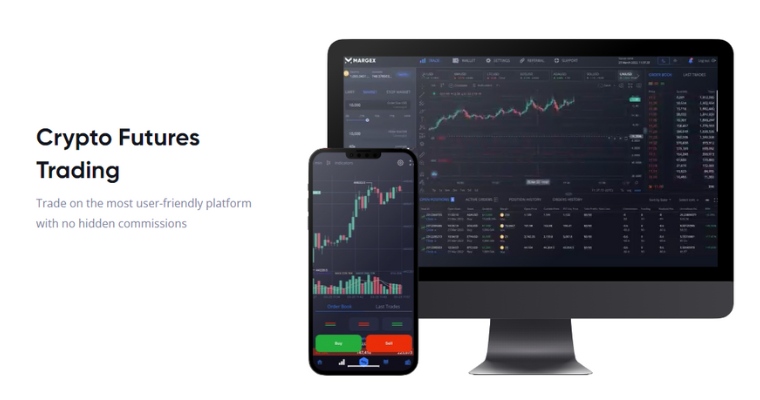Datorskärm och en mobiltelefon med gränssnitt för kryptoterminerhandel på Margex med fokus på crypto futures trading.