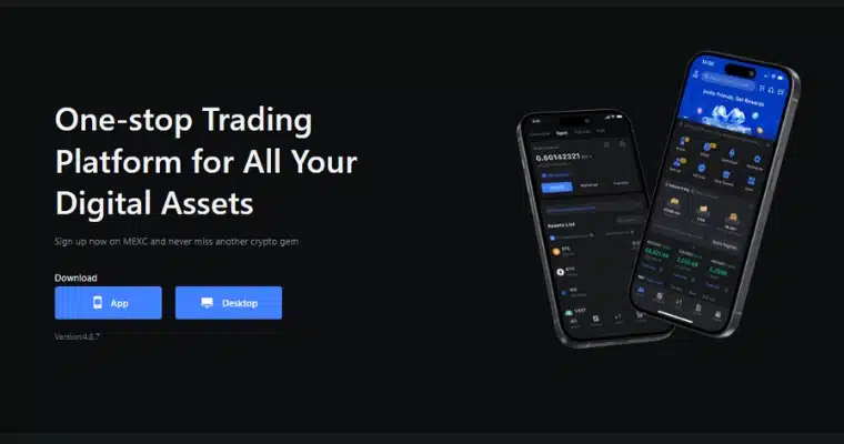 MEXC-tradingplattform för digitala tillgångar med alternativ att ladda ner appen för mobil eller dator.