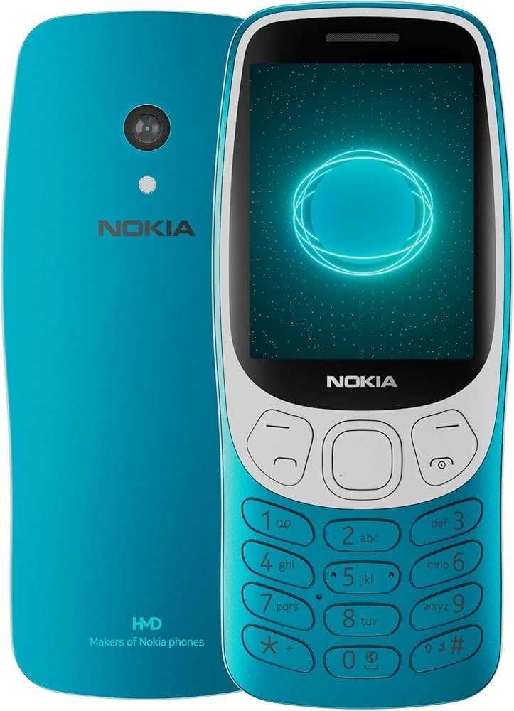 Blå Nokia 3210 mobiltelefon med knappsats och display.