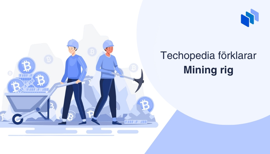 Två personer som bryter Bitcoin med hacka och skottkärra, vilket symboliserar konceptet mining rig för kryptovalutor.