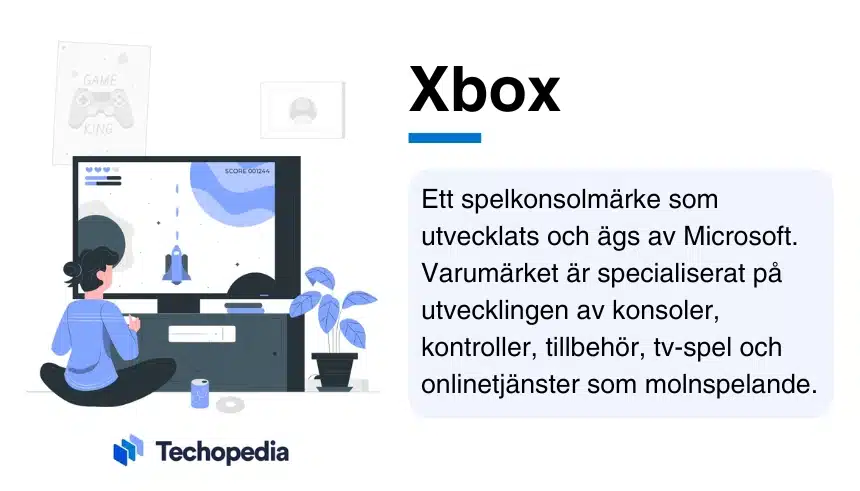 Illustration av en person som sitter och spelar brevid text som förklarar vad Xbox är.