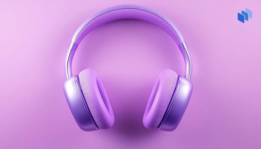 Ett par lila Apple AirPods Max placerade mot en lila bakgrund.