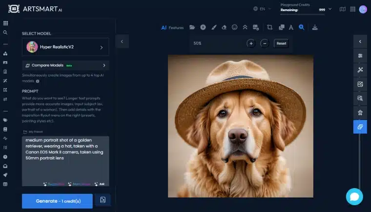 Användargränssnitt för ArtSmart AI som visar en AI-genererad bild av en golden retriever med hatt.