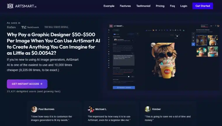 Startsida för ArtSmart AI som marknadsför prisvärda AI-genererade bilder.