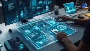 En person arbetar med apputveckling på en futuristisk digital arbetsstation med flera skärmar och interaktiva gränssnitt.