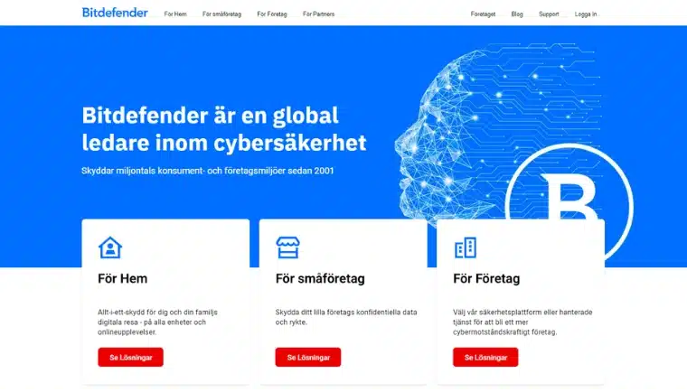 Bitdefenders startsida som marknadsför cybersäkerhetslösningar för hem, småföretag och företag.