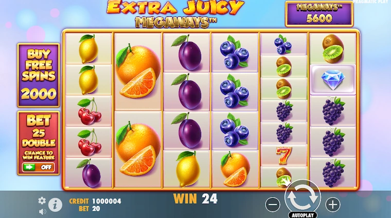 Skärmbild på Extra Juicy Megaways med 5600 vinstvägar.