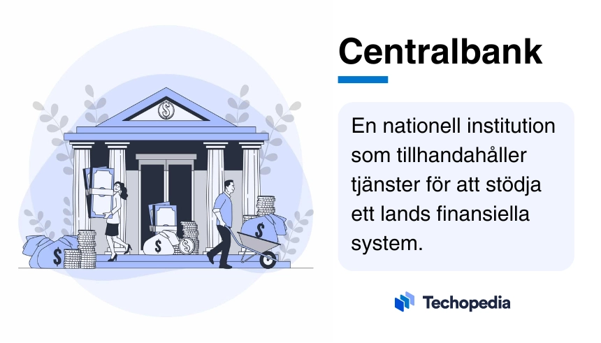 Illustration av en centralbank med text som förklarar vad en centralbank är.