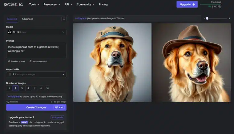 AI-genererad bild av en golden retriever med hatt, skapad via en AI-verktygspanel på getimg.ai.