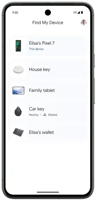 Skärmbild av Googles Hitta min enhet-app som visar enheter och föremål kopplade till ett konto.