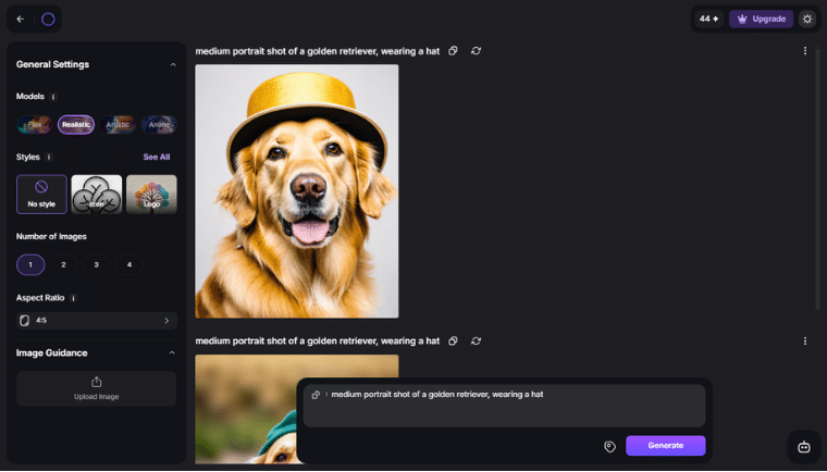 Användargränssnitt på Imagine AI Art Generator som visar en AI-genererad bild av en golden retriever med hatt.