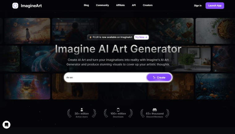 Startsida för Imagine AI Art Generator med sökfält för att skapa AI-genererad konst gratis.