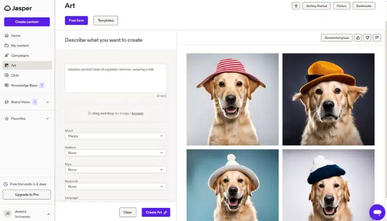 Användargränssnitt för Jasper AIbildgenerator som visar AI-genererade bilder av en golden retriever med hatt.