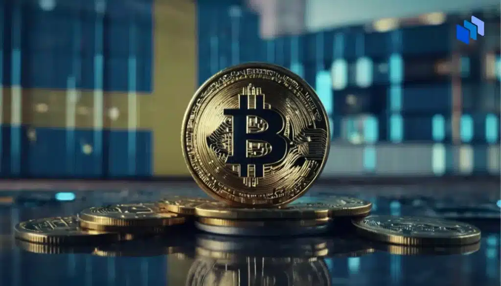 Bitcoinmynt staplade med en svensk flagga i bakgrunden, vilket symboliserar kryptovaluta och reglering i Sverige.