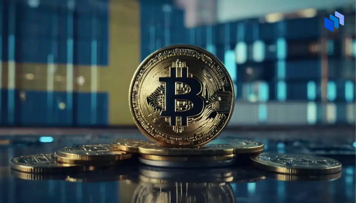 Bitcoinmynt staplade med en svensk flagga i bakgrunden, vilket symboliserar kryptovaluta och reglering i Sverige.