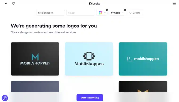 Genererade logotypförslag för MobilShoppen via Looka, med olika stilar och färger.