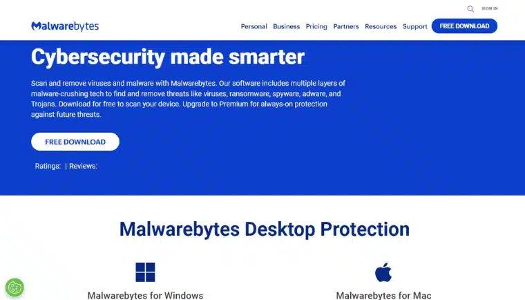 Malwarebytes startsida som marknadsför cybersäkerhetsprogram med funktioner för att upptäcka och ta bort malware.