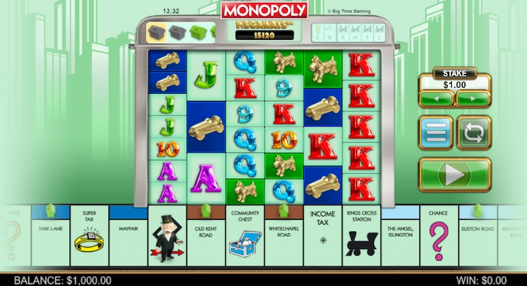 Skärmbild på Monopoly Megaways med 15 120 vinstlinjer.