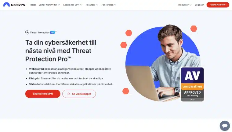 NordVPN startsida som marknadsför Threat Protection Pro med funktioner som webbskydd och sårbarhetsdetektion.