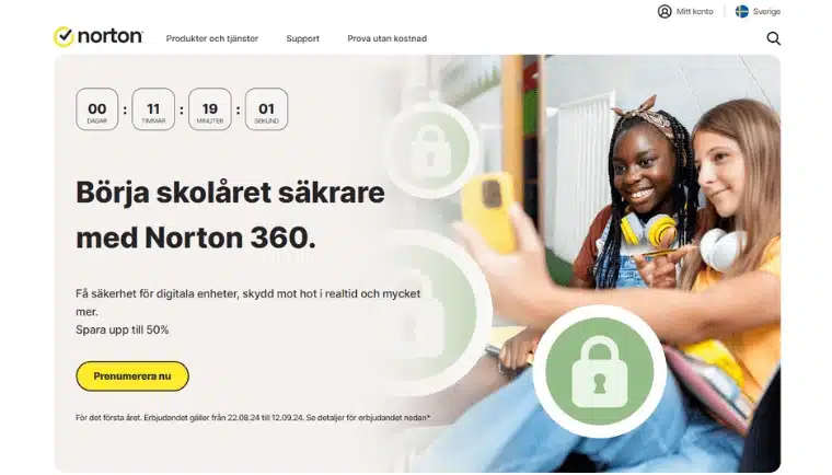 Nortons startsida som marknadsför Norton 360.